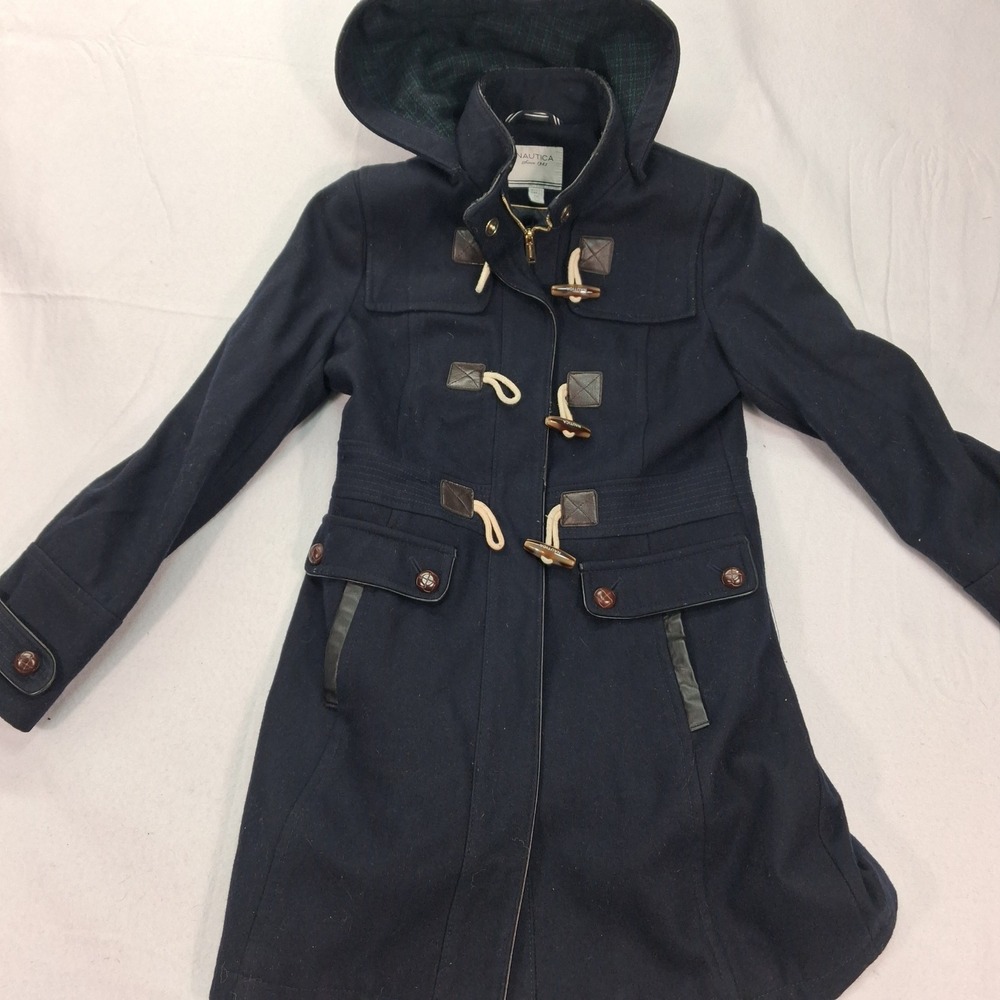 Nautica Duffle Coat Womens L Navy Blue Wool Blend Hooded Toggle EUC